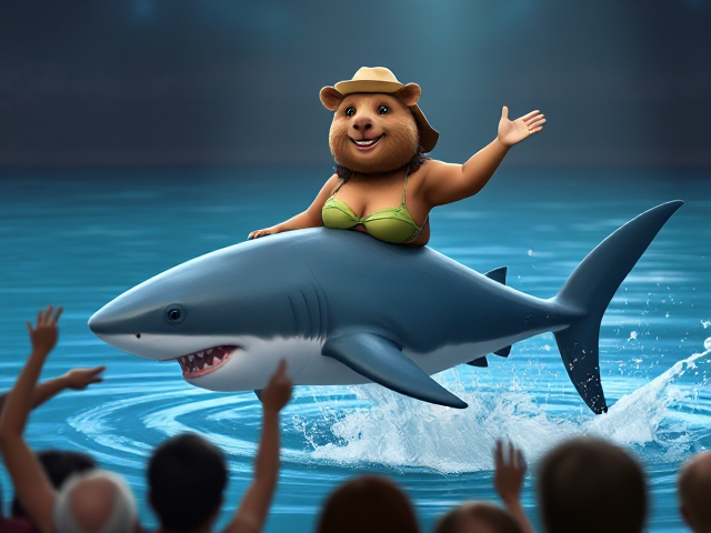 A cute smiling capybara wearing a cowboys outfit riding on the back of a happy bull shark wearing a bikini who is jumping out of the water and is winking the audience