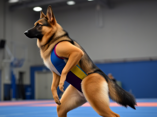 Anthropomorphic German shepherd with strong hips, wearing a colorful gymnastics leotard, performing in a gymnasium setting, dynamic pose