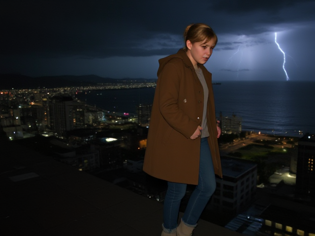 A petite 13-year-old girl with strawberry blonde hair in a ponytail, wearing a hooded pullover and jeans, is stepping onto the roof ledge of a night club.  behind her, is a modern-day, pale skinned vampire in his late twenties, with blonde hair, dressed in a brown trench coat and jeans. He appears uneasy as he looks at her. The girl gestures angrily at him, flailing her arms. A thunderstorm approaches the cityscape from the sea shore. Set at night.