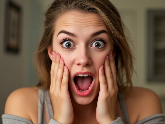 a sexy woman with hands on her face. eyes wide and mouth wide in surprise. wearing clothes. looking at the viewer. hi res/ photorealistic with bright vibrant colours.