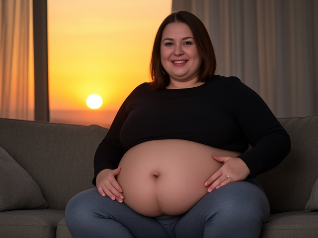 tall obese woman 25 years old light brown hair brown eyes wearing a black shirt and grey pants sitting on the couch smiling with her belly out