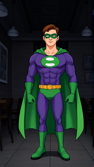 Dramatic Cartoon scene: A young, Autistic 25-year old boy with light skin and flat, smooth, and slick brown hair named T.J. Granger, but transformed into a genetically-altered superhero named Powerman, who, despite still being a young adult kid, has an extremely muscular body. He wears a sleek purple suit with a green P symbol on his chest, a gold belt with a circular buckle, green briefs, green boots, green long-cuffed gloves, a really big, toe-length long, ultra-wide green cape wreathed around his neck, and a green eye mask that protects his true identity. He also has incredible and invincible superpowers flowing through his veins. In this scene, Powerman is currently standing in a dark, abandoned restaurant all by himself, awaiting the arrival of someone he knows.