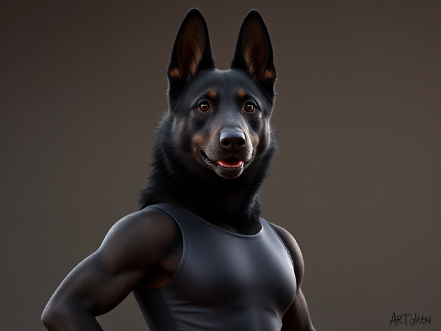 A anthropomorphic black German shepherd Olympic gymnast wearing a leotard