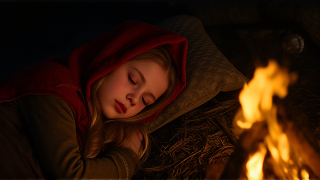 Set in the dark ages, night time. A blond girl wearing a red hooded cape, sleeping next to a girl with long black hair next to  small fire.