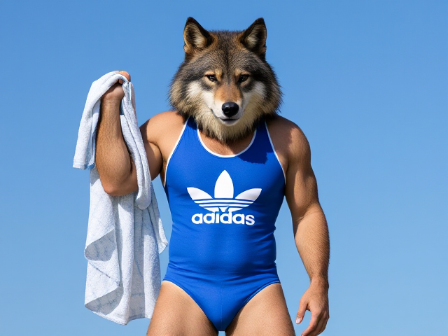 A tall anthropomorphic wolf covered in fur wearing an adidas swimsuit drying off with a towel