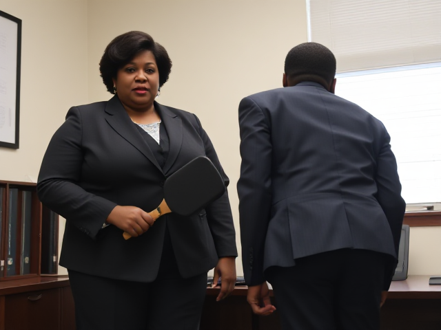 A tall, fat, black female in her 50s and dressed in a business pants suit, is a principal of an elementary school. She is standing in her office holding a spanking paddle. She has a stern facial expression. A young Caucasian boy in the 5th grade stands beside her facing the wall the image we see in his backside. (He is bending  completely all the way over) (“The image we saw is mostly his rear end”)