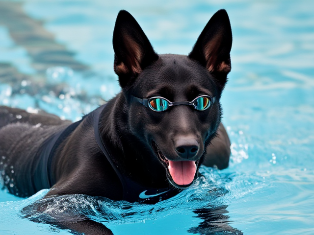 Anthropomorphic black German shepherd swimming, wearing a sleek Nike swimsuit and professional swimming goggles