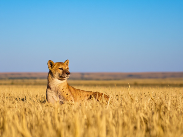 Hyena relaxing in a golden wheat field, surrounded by the expansive rural landscape of North Dakota under a clear blue sky, during daylight hours