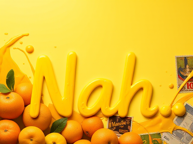 Pochette album, thème jaune et orange.
Titre écrit (lettres) = « Nah… »
Fruits oranges et jaunes, liquide jaune éclaboussures, timbres de voyage