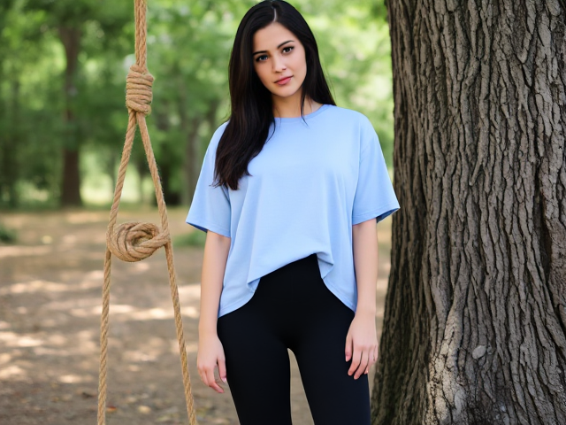 Brunettes in her early 20s dark chest length hair down wearing a light blue loose t shirt that cuts at her knees and black yoga pants right next to a looped rope knot dangling from a tree around her