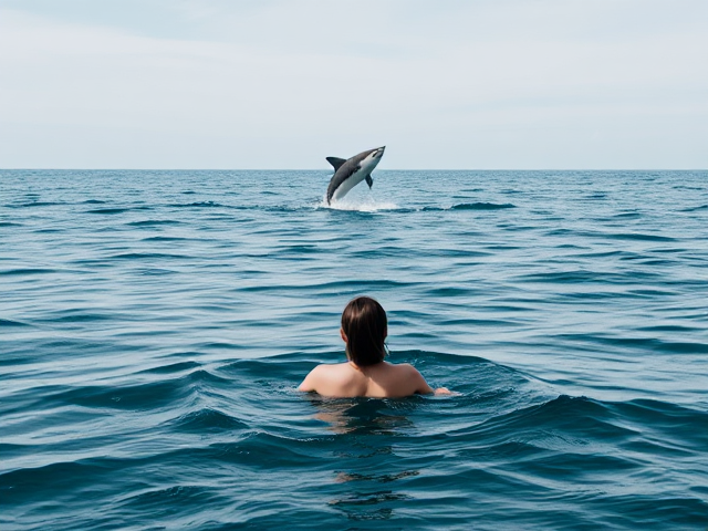 Woman in the ocean looking in the distance while a shark jumps