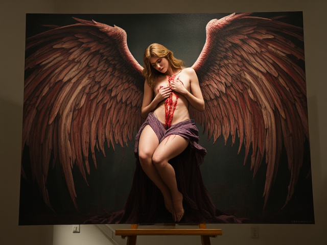 Fallen bloody angel, realistic painting, on a stand, with good lighting