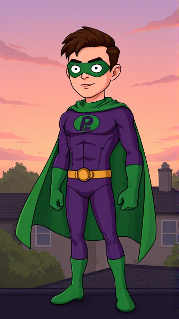 Dramatic Cartoon scene: A young, Autistic 25-year old boy with light skin and flat, smooth, and slick brown hair with a singular curled bang in the shape of a P sticking out at the front named T.J. Granger, but transformed into a genetically-altered superhero named Powerman, who, despite still being a young adult kid, has an extremely muscular body. He wears a sleek purple bodysuit with a green P symbol on his chest, a golden belt with a circular buckle, green briefs, green boots, green long-cuffed gloves, a really big, toe-length long, ultra-wide green cape wreathed around his neck, and a green eye mask that protects his true identity and also causes his pupils to magically disappear as his eyes glow an eerie white. He also has incredible and invincible superpowers flowing through his veins. In this scene, Powerman is currently standing on the roof of his house in the morning, ready for action.