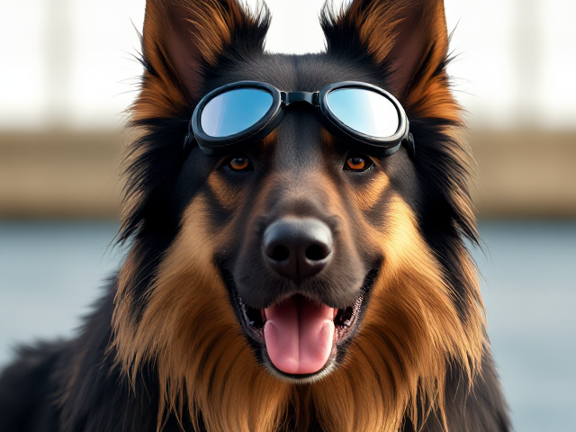 A long haired German shepherd wearing swimming goggles
