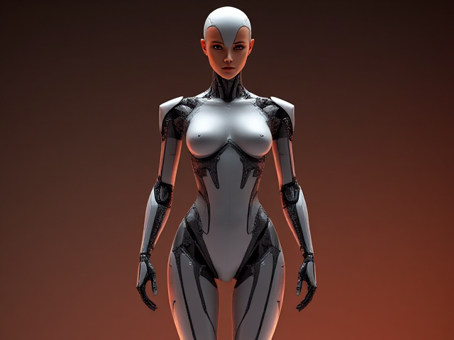 Futuristic robotic woman resembling Elizabeth Mitchell, sleek design, intricate details, cybernetic elements, elegant and poised, human head, torso, legs