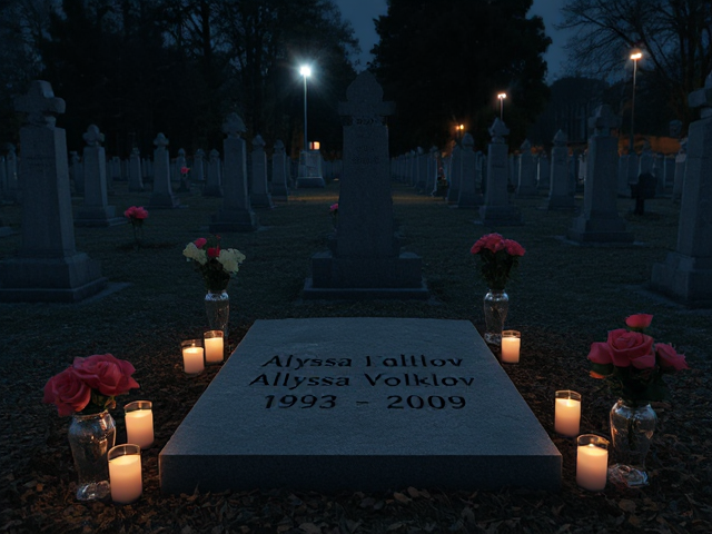 A grave that has the name 'Alyssa Volklov 1993-2009' engraved on it with roses in vases surrounding it at night with other graves (cemetery), no light shining, only candles