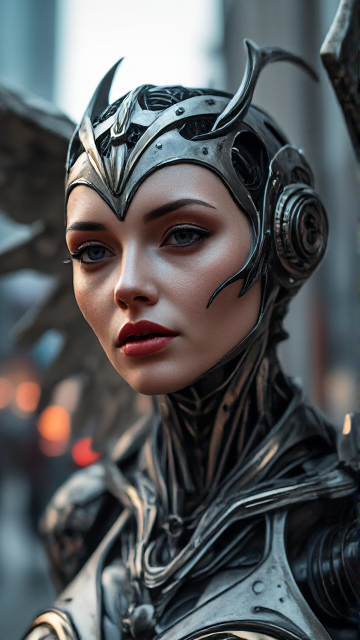 A cinematic bust shot of a mechanical angel woman with intricate metallic features that glisten with a haunting beauty. Her wings, partially damaged, loom behind her, casting shadows on her face. The atmosphere is charged with the aftermath of battle, with a blurred background hinting at chaos. Soft, ethereal lighting highlights the anguish and strength inherent in her visage.