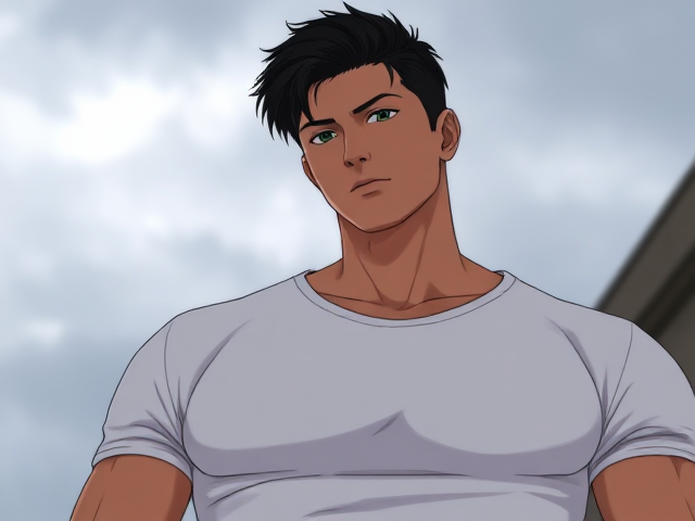Tall tan man, black hair, green eyes, muscular, wearing a white t-shirt, outside
