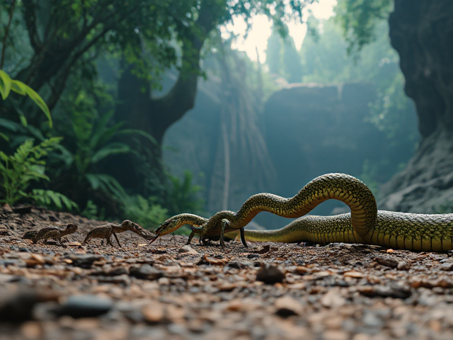 time-lapse animation showing the evolution of snakes over 100 million years. Start with a prehistoric jungle scene where small, four-legged ancient lizards crawl on the forest floor. Transition smoothly as their limbs shrink with each generation. Show them adapting to underground tunnels and tight rocky spaces. As the animation progresses, their bodies elongate, legs vanish, and they become smooth, flexible, slithering hunters. Highlight key evolutionary traits like the development of heat-sensing pits, forked tongue, and flexible jaws. Final scenes show modern snakes in diverse habitats — desert, rainforest, ocean, and urban setting — with a majestic green anaconda emerging last.
Style: Cinematic time-lapse, semi-realistic 3D animation, smooth morphing transitions, rich environmental detail, soft dynamic lighting, atmospheric effects
Resolution: 4K ultra HD