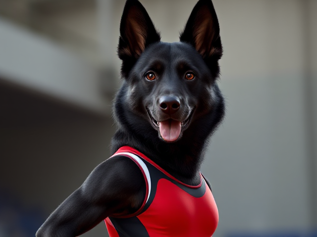 A anthropomorphic black German shepherd Olympic gymnast wearing a leotard