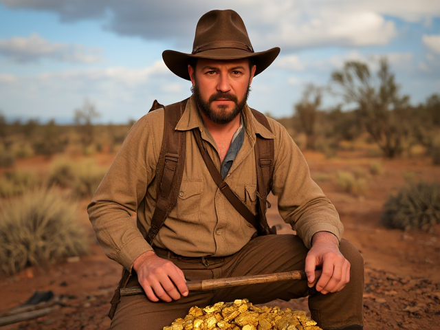 a rugged gold thief in 1800s Australia, wearing period-appropriate clothing, in the outback landscape with gold nuggets and tools around him, atmospheric lighting, realistic details