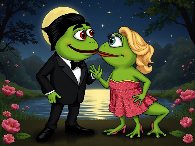 A very cartoon frog wearing a dark suit with slicked-back Elvis Presley hair, a French mustache, and polished shoes, standing next to another frog in a strapless sequined dress with big eyelashes, blonde curly hair, and high heels. Their lips are puckered as if to kiss, with their eyes bulging out against a romantic moonlit background with twinkling stars and soft glowing light reflecting on a serene pond surrounded by blooming flowers and lush greenery