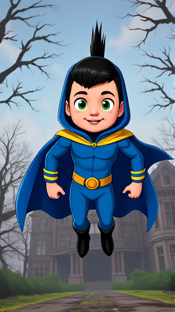 2D cartoon scene: A preteen 12-year old boy with light skin and freckles on his cheeks named Kyle Lipton, but transformed into a superhero named Dr. Dimensionpants, who, despite still being a kid, has an extremely muscular body. He wears a tight blue hood outlined by a yellow line, with a smooth, slicked back black mohawk on top. He also wears a sleek blue bodysuit outlined with yellow lines on the cuffs of the sleeves and pants, a golden belt with a circular buckle, black boots, and a really big, toe-length, ultra-wide blue cape with a really big collar outlined with yellow lines wreathed around his neck held up by a golden button. The pupils in his eyes are green, and he has a black twin moustache. He also has incredible, invincible, and cosmic superpowers flowing through his veins. He is currently floating and levitating as he slowly descends down to the grounds of an abandoned mansion after a long flight, preparing to land so he can begin his investigation.