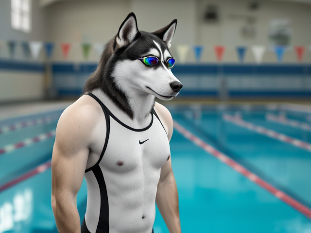 A tall anthropomorphic Siberian husky with a long torso and broad shoulders wearing a high cut Nike one piece swimsuit and swimming goggles at a high school swimming pool