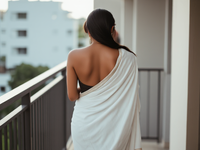 Skinny Indian woman's back turned on a balcony with a white saree on