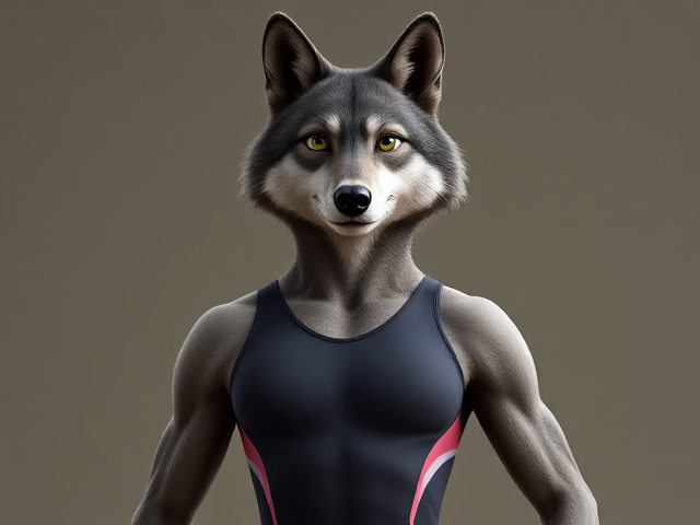 A anthropomorphic gray wolf Olympic gymnast with a long torso wearing a leotard