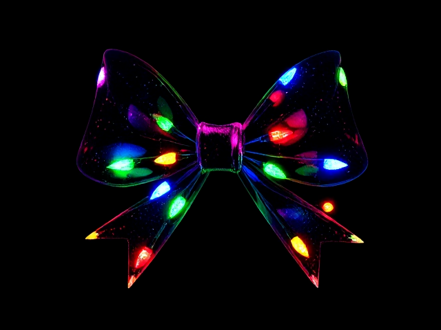 Handrawn Clipart bow, made of Christmas lights. Colorful Luminescent, isolated on a black background