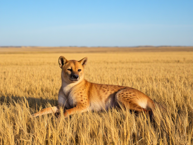 Hyena relaxing in a golden wheat field, surrounded by the expansive rural landscape of North Dakota under a clear blue sky, during daylight hours