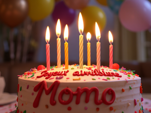 Un gâteau d'anniversaire festif avec des bougies allumées et des décorations colorées, et le texte "Joyeux anniversaire Momo" écrit en glaçage sur le gâteau, ambiance joyeuse et festive, ballons et confettis en arrière-plan