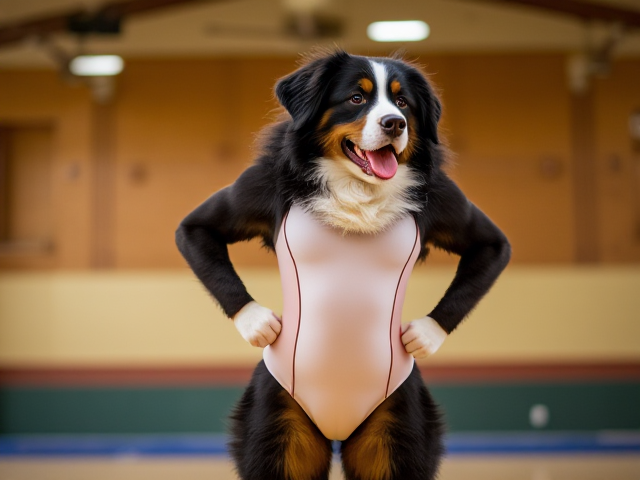 Bernese mountain dog with strong hips, wearing a gymnastics leotard, inside a gymnasium, dynamic pose, vibrant lighting, detailed fur