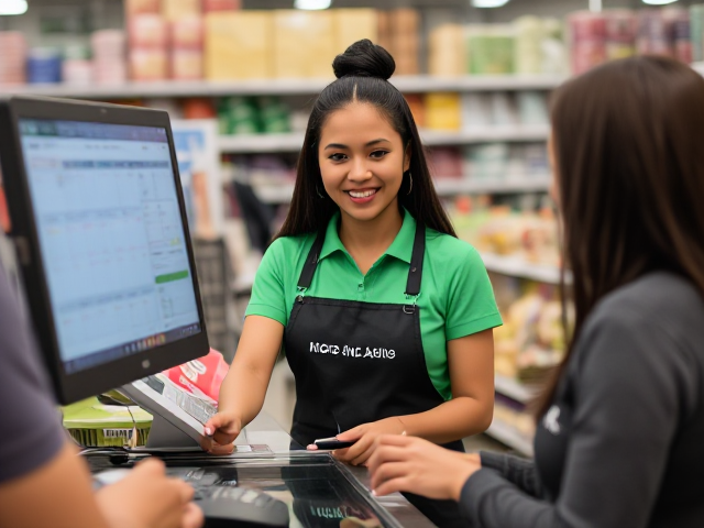 A photo of a beautiful kenya cashier with green clothes using a system to manage customers  the customer is very satisfied. The background reveals a wholesale store.