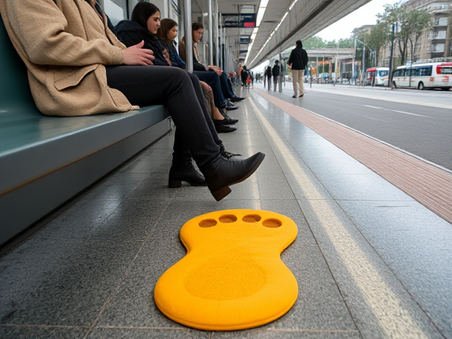people sitting on bus stand placing their foot on a footprint shaped cushion on the floor