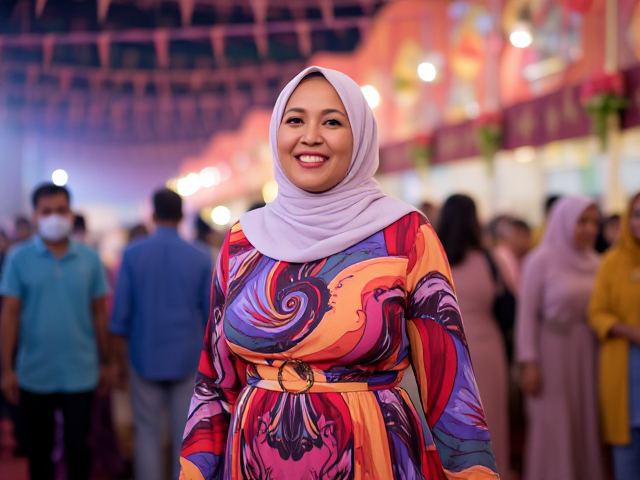 17. A vibrant festival scene featuring a mature woman with a hijab, wearing a colourful Maxi Dress Made Of Thin Fabric That Sticks Perfectly To Your Voluptuous Body. The background shows a lively crowd and decorations, with soft lighting giving the scene a celebratory atmosphere. The focus is on the woman’s joy and the energetic surroundings.