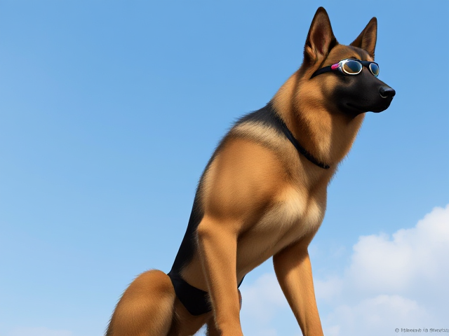 A tall anthropomorphic long haired German shepherd with a long torso and broad shoulders wearing a Nike high cut one piece swimsuit and swimming goggles