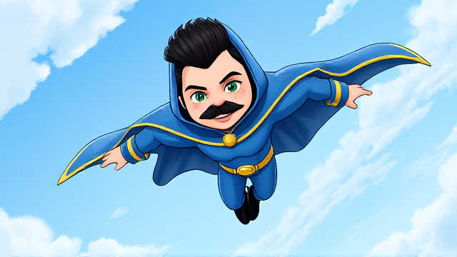 2D Modern Cartoon scene: A preteen 12-year old boy with light skin and freckles on his cheeks named Kyle Lipton, but transformed into a superhero named Dr. Dimensionpants, who, despite still being a kid, has an extremely muscular body. He wears a tight blue hood outlined by a yellow line that covers the back half of his head and leaves his ears exposed, with a smooth, slicked back black mohawk on top. He also wears a sleek blue bodysuit outlined with yellow lines on the cuffs of the sleeves and pants, a golden belt with a circular buckle, black boots, and a really big, heel-length long, ultra-wide blue cape with a really big collar outlined with yellow lines wreathed around his neck held up by a golden button. The pupils in his eyes are green, and he has a long black twin moustache, which help protect his true identity in this form. He also has incredible, invincible, and cosmic superpowers flowing through his veins. He is currently flying through the sky with his usual superhero style at an incalculable speed as he's soaring ultra-fast, searching for trouble, his cape billowing majestically.