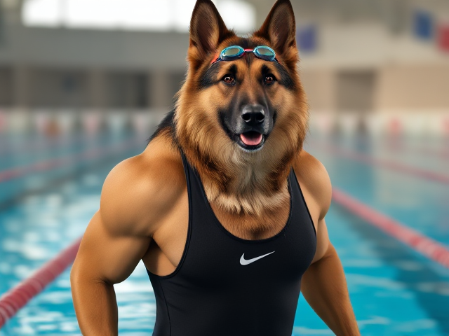 A tall anthropomorphic long haired German shepherd with a long torso and broad shoulders, wearing a high cut Nike one piece swimsuit and swimming goggles, in a Olympic swimming pool