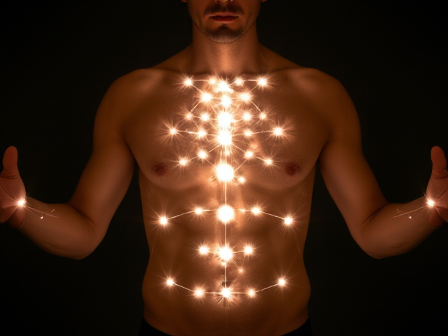 Homme torse nu avec des lumières émanant du corps, suivant précisément les lignes des méridiens chinois, ambiance mystique et lumineuse, mettant en valeur l'énergie vitale et la spiritualité
