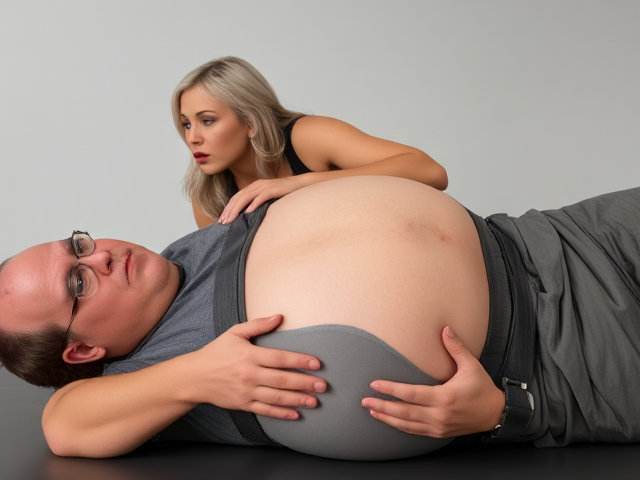 A middle age man of a strong, big build, glasses, and a receding hairline. His hair is mostly bald on top but appears darker at the sides. He has a serious expression. His body type is somewhat stocky, with a round and slightly protruding belly . He is wearing a sleeveless tight grey shirt and is wearing workpants, he is  laying flat on back on a table. A young smaller woman, with silver-white hair, has an intense and piercing  expression as she stands behind the man to his left shoulder of the table and touches the mans belly and kisses his lips, The man looks over his left shoulder to see her,  but his expression serious. This scene suggests a moment of tension or confrontation between the two characters.
The grey  "hump" under the man's chin is the man’s round belly, as the angle of the shot is of the man layin DOWN FLAT ON BACK,  harnessed in,strap going around round belly, arms still at the man’s sides.  and the camera is facing up from right under his round belly, camera angle adds to this effect