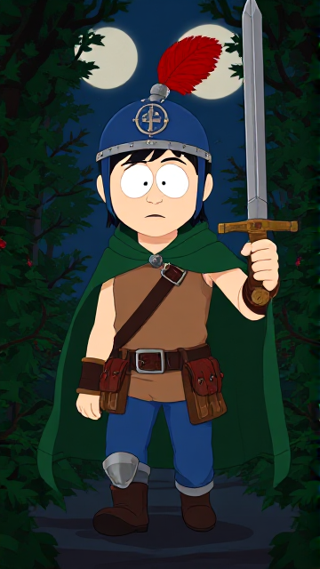 Dramatic Cartoon scene: Stan Marsh from South Park, light skin and black hair, but as a 14-Year Old teenager with a muscular torso, dressed as a medieval warrior, wearing a light brown tank top, a black belt with a red buckle adorned with a castle emblem with brown pouches and the scabbard for his enchanted sword attached to it, blue jeans, steel armored boots, jeweled wrist cuffs, a really big, heel-length long, ultra-wide green cape held up by two silver buttons with red jewels with a strong unbreakable wire connecting them both, and a blue helmet with buffalo emblems on both sides, outlined by silver steel rims going around and across the top, with a really long red feather sticking out at the top. He is now known as Sir Marsh. Despite still being a teenage kid, he is the Youngest Commander of the Zaronian Army, and one of the youngest and greatest heroes hailing from South Park, Colorado, but now reborn as the real life Kingdom of Kupa Keep, Zaron. With his signature enchanted sword, the Slashing Blade Of The Ranger, held tightly in his hand, the young teenage hero is currently walking through a dangerous bramble maze in the dark of the night as he searches for the way out.