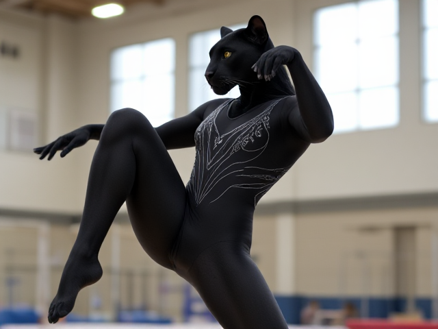 Anthropomorphic black panther in a detailed gymnastics leotard, performing routines in a brightly lit gymnasium with gymnastic equipment in the background, dynamic pose, athletic build