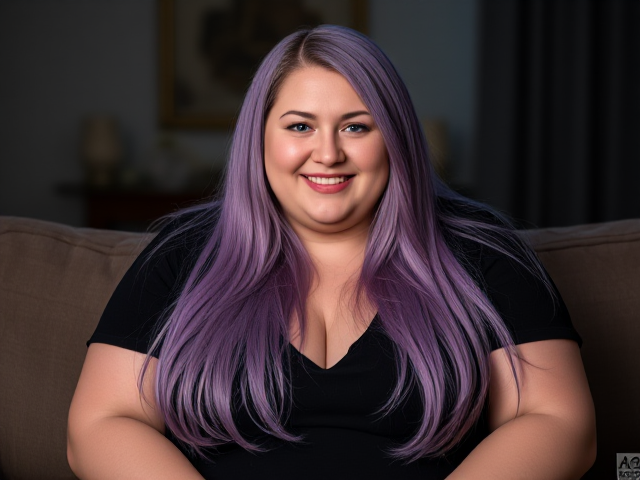 An obese woman 5 10 very long light purple hair blue eyes wearing a black dress sitting on the couch smiling closeup
