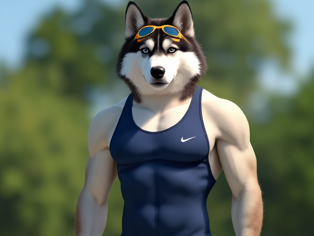 A tall anthropomorphic Siberian husky with a long torso and broad shoulders wearing a high cut Nike one piece swimsuit and swimming goggles