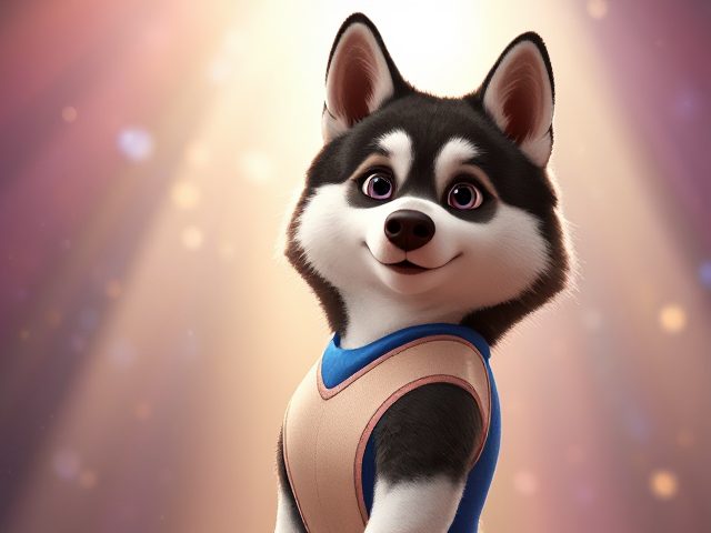 A Alaskan malamute gymnast wearing a leotard