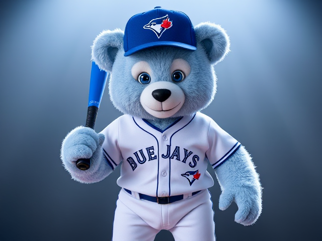 A human athletic teddy bear 5 feet 9 inches tall light blue fur blue eyes wearing a blue baseball hat with a blue jay logo white v neck athletic shirt with blue jays written across the front in blue white baseball pants with blue piping down the sides blue baseball socks blue cleats smiling posing holding a blue baseball bat with white grip tape