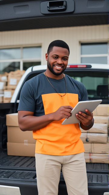 HE is expertly using a tablet to record stock. a satisfied black supplier waering #fbffe1 clothes who has just brought in new stock with a pickup car. The setting is outside a wholesale store  the supplier is unloading the goods
.