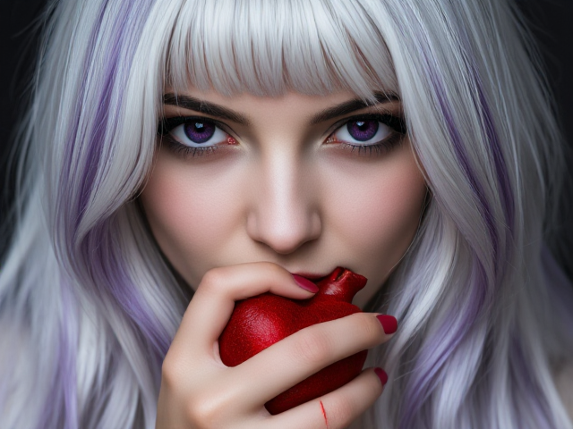 Female. Long white hair with purple highlights. Purple eyes. Holding her heart in her hand. Bloody.